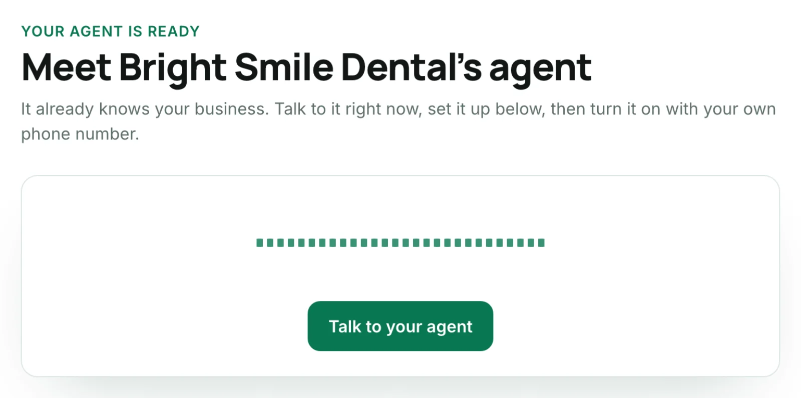 The studio screen showing the client's agent ready with a Talk to your agent button